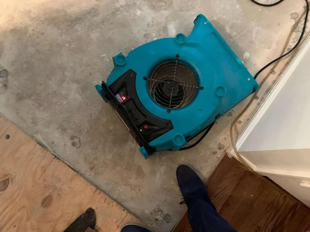 Air mover drying subfloor during Commercial Water Damage Restoration in South Hill
